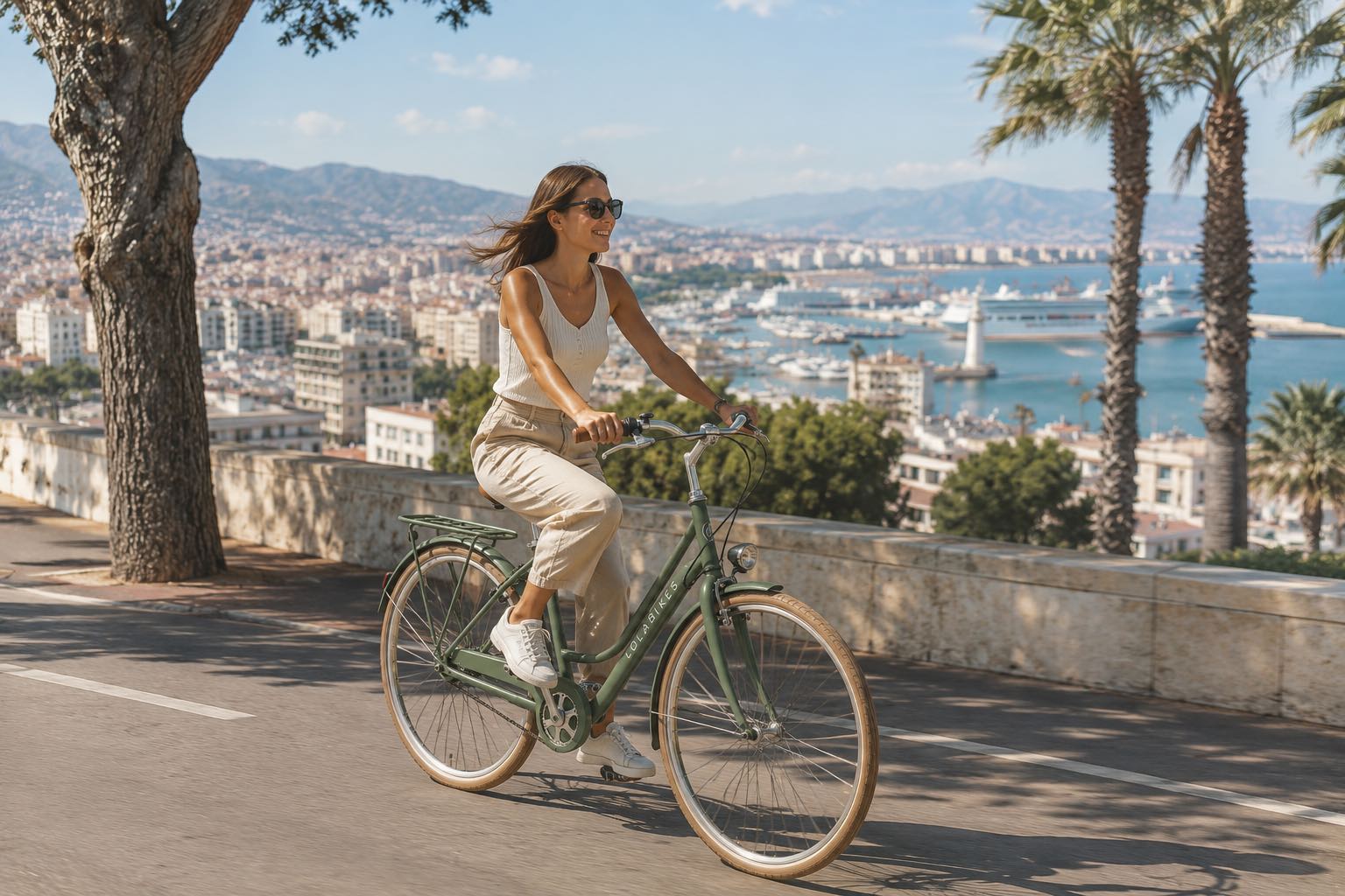 Mujer en una bicicleta urbana de Lola Bikes con vistas a Málaga